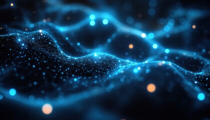 Glowing blue digital mesh forming an undulating wave-like landscape of connected points and floating light particles, evoking a futuristic, mysterious mood