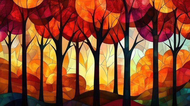 Vibrant autumn forest with tall dark tree trunks, glowing red orange and yellow round canopies, rolling hills and stained glass mosaic pattern, warm serene sunset atmosphere - Powered by Adobe