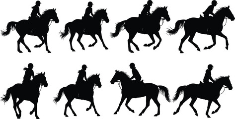 Horse rider silhouette vector set, equestrian sport woman, jockey riding galloping pony, outdoor activity, black animal shape, isolated illustration collection, design elements