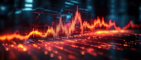 Glowing red and orange financial waveform with sharp peaks over a digital grid and blurred blue lights, conveying volatility, urgency and high-energy market activity