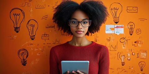 young woman with afro in red sweater holding a tablet in front of an orange wall covered with hand-drawn lightbulbs, sketches and charts, conveying focus and creative energy