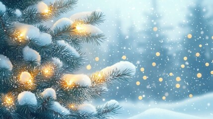 snow-dusted evergreen branches adorned with warm glowing fairy lights, soft falling snow and golden bokeh creating a cozy serene winter evening scene