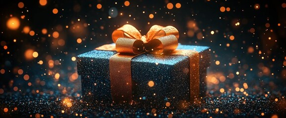 glittering blue gift box wrapped in a golden ribbon and bow, surrounded by warm sparkling bokeh lights conveying a joyful magical celebration