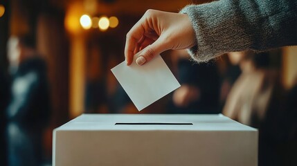 Close-up of hand placing a paper ballot into a white ballot box at a polling station with blurred people and warm lighting, conveying solemn civic duty and hopeful participation