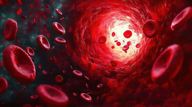 red blood cells rushing through a glowing vessel tunnel toward a bright light, intense and dynamic microscopic circulation