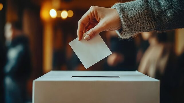 Close-up of hand placing a paper ballot into a white ballot box at a polling station with blurred people and warm lighting, conveying solemn civic duty and hopeful participation