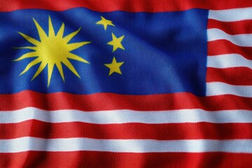 Obraz premium Waving red and white striped flag with blue canton featuring a yellow sunburst and three stars, textured fabric conveying pride and celebration