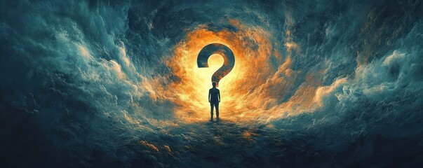Solitary silhouette standing before a giant glowing question mark in swirling storm clouds, conveying mystery, awe and existential uncertainty