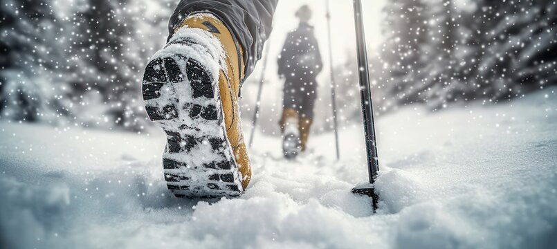 Close-up of a snow-covered hiking boot and trekking pole as hikers trudge through falling snow in a quiet winter forest, evoking determination and calm adventure