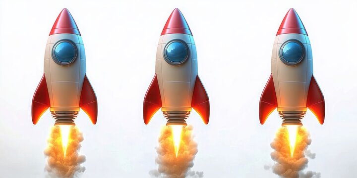 Three glossy retro rockets with red fins and blue portholes blasting off with fiery flames and smoke plumes against a clean white background, energetic and playful lift off