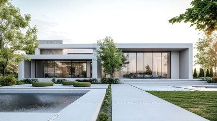 exterior facade of modern house, 3d artwork, design, architecture, green furniture, garden