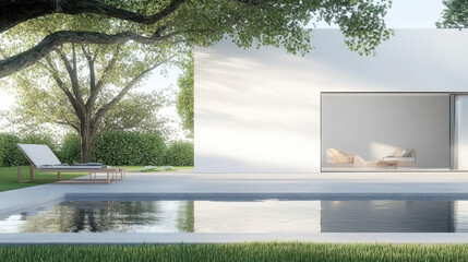 3d rendering of white modern house with marble terrace floor and swimming pool