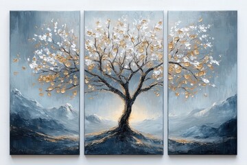 three-panel canvas of a lone tree with gold and white leaves against misty blue-gray mountains, warm glow at its base, tranquil and uplifting atmosphere
