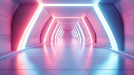 symmetrical neon-lit futuristic corridor with glowing pink and blue led arches, reflective tiled floor and vanishing point evoking a serene otherworldly atmosphere