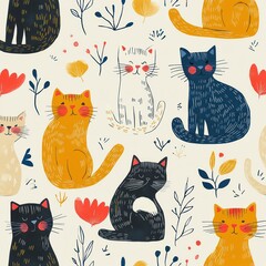 playful hand-drawn pattern of smiling colorful cats surrounded by simple flowers and leaves, whimsical cozy cheerful illustration