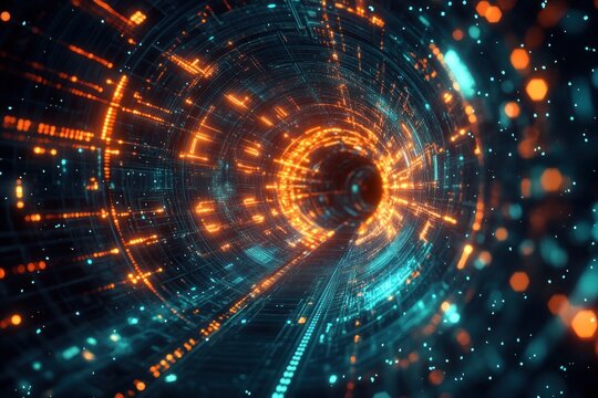 glowing orange and cyan digital tunnel with streaming data particles, circuit-like walls and a dizzying rush of futuristic motion
