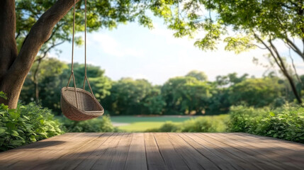 wooden terrace with wicker swing hang on the tree with blurry nature background