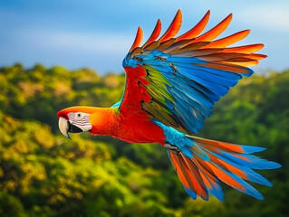 scarlet macaw in flight on mountain