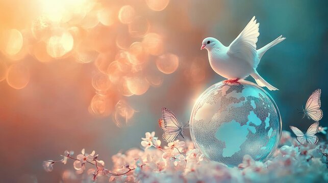 White dove standing on a glass globe among cherry blossoms and fluttering butterflies bathed in warm bokeh light, evoking peaceful hope and serene harmony