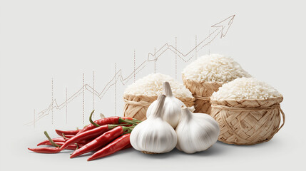 Garlic chili grains rice white background upward pointing arrow  food trend spice market agricultural growth.