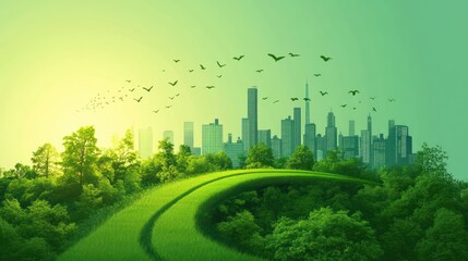 Sunlit green city skyline behind lush trees with a winding grassy bridge path and birds in flight, evoking peaceful harmony and hopeful tranquility