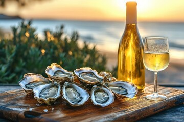 raw oysters on a wooden board with a bottle and glass of chilled white wine at a sunlit beach sunset, evoking relaxed romantic coastal dining