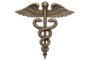 Caduceus medical symbol representing healthcare, medicine, and commerce with snakes intertwining on a winged staff