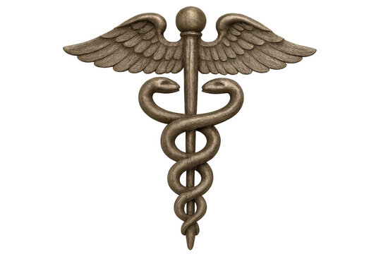 Caduceus medical symbol representing healthcare, medicine, and commerce with snakes intertwining on a winged staff - Powered by Adobe