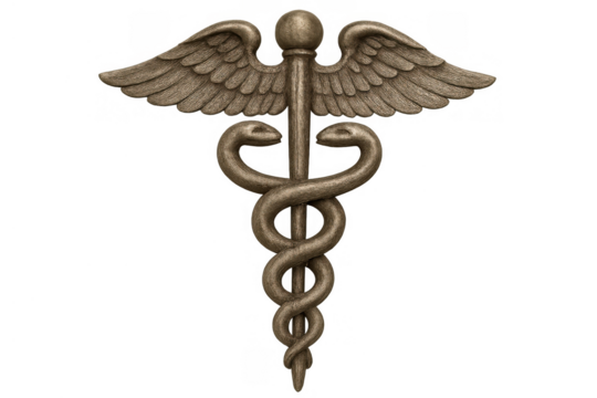 Caduceus medical symbol representing healthcare, medicine, and commerce with snakes intertwining on a winged staff