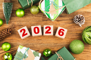 Happy New Year 2026, Christmas 2026, Christmas gifts placed in a festive atmosphere 