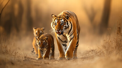 Tiger, walking in the golden light Is a wild animal hunting Summer in hot