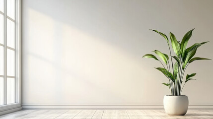 empty room interior background, beige wall, pot with plant