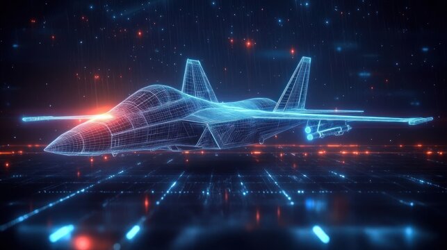 futuristic holographic wireframe fighter jet hovering above a glowing digital grid with neon blue and red lights, high-tech and dramatic atmosphere - Powered by Adobe