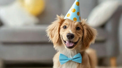 Cute dog in carnival party hat celebrating birthday. Holiday concept.