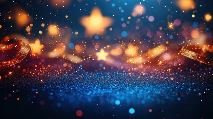 Obraz premium golden star bokeh and blue glitter foreground with shimmering ribbons and warm glowing sparkles, magical festive and dreamy twinkling atmosphere