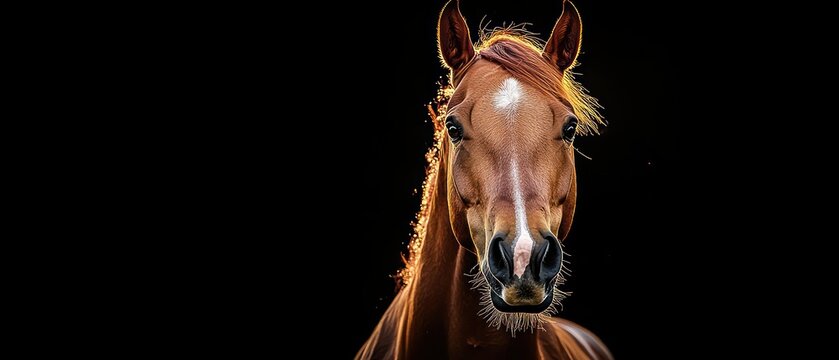 Close-up portrait of a chestnut horse head with a white forehead marking, backlit mane and whiskers against a deep black background, calm curious gaze and noble presence