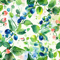 Watercolor pattern pea, and leaves for vibrant and summery design