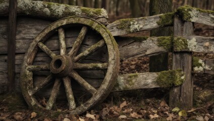 Fototapeta premium Old Wooden Wagon Wheel Leaning Against a Moss Covered Rustic Fence in a Forest Setting.
