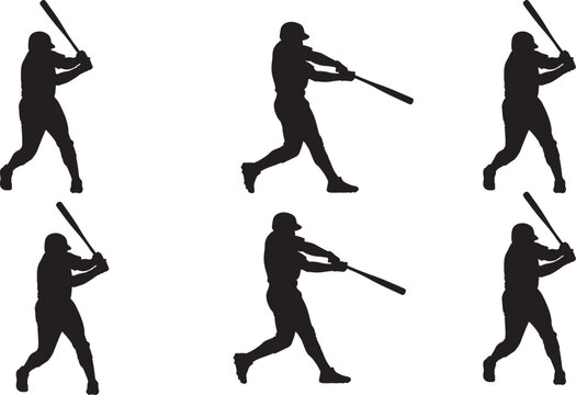Baseball player swinging bat silhouette collection