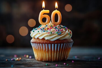 single cupcake with swirled buttercream frosting, colorful sprinkles and lit sixtieth birthday candles on a wooden table, warm celebratory mood