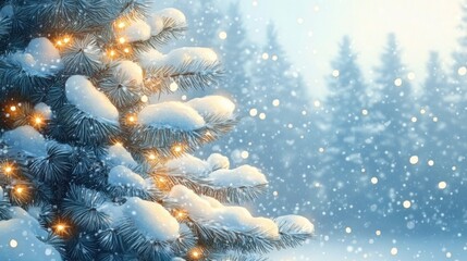 snow-covered pine branch with warm glowing lights and gentle falling snow in a peaceful winter forest