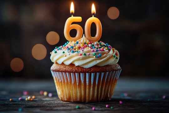 single cupcake with swirled buttercream frosting, colorful sprinkles and lit sixtieth birthday candles on a wooden table, warm celebratory mood