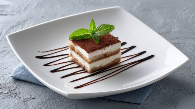 Elegant minimalist presentation of fine dining dessert, featuring a beautifully plated tiramisu with chocolate drizzle and mint garnish. - Powered by Adobe
