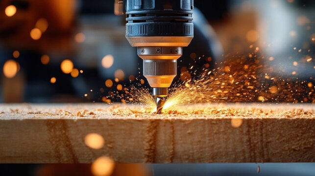 close-up of a spinning drill/router bit cutting into a wooden plank with sparks and wood shavings flying, dynamic energetic workshop scene showing precision and power