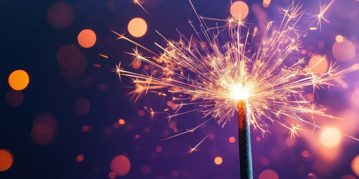 close-up of a glowing handheld sparkler erupting bright golden sparks and warm bokeh lights on a deep purple night background, evoking joyful celebration