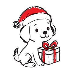 Hand drawn winter Christmas dog animal characters with Christmas tree, gift box. Dog in winter hat and scarf. Vector sketch illustration in vintage rough pen textured style