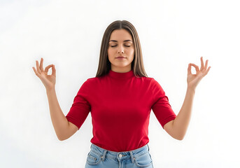 Young woman meditating with eyes closed, hands in mudra gesture for tranquility and focus