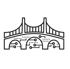 Bridge icon with circuit elements in the foundation. Digital bridge, technology connection, network infrastructure, data transfer, digital divide.