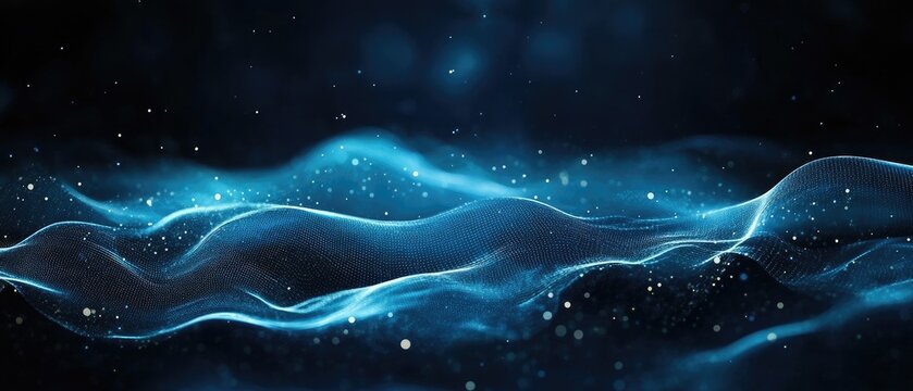 Blue waves with sparkling dots on dark abstract background