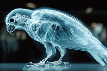 translucent x-ray view of a perched parrot revealing skeleton and feather structure, scientific, surreal and contemplative mood